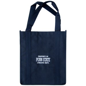 navy grocery tote with white printed Property of Penn State Athletic Dept